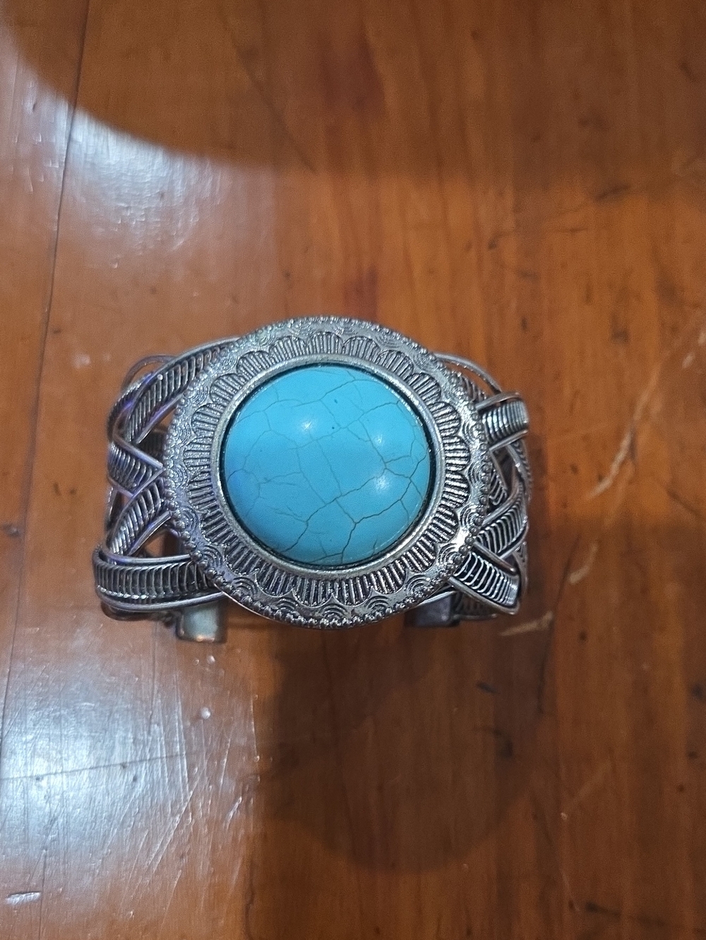 Large Turquoise Stone Silver-Tone Cuff Bracelet - Women Jewelry